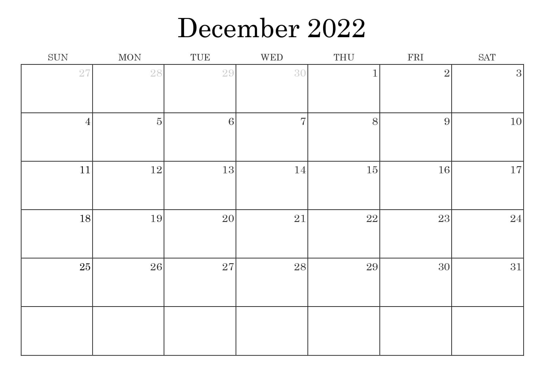 Printable December Calendar 2022 Simple