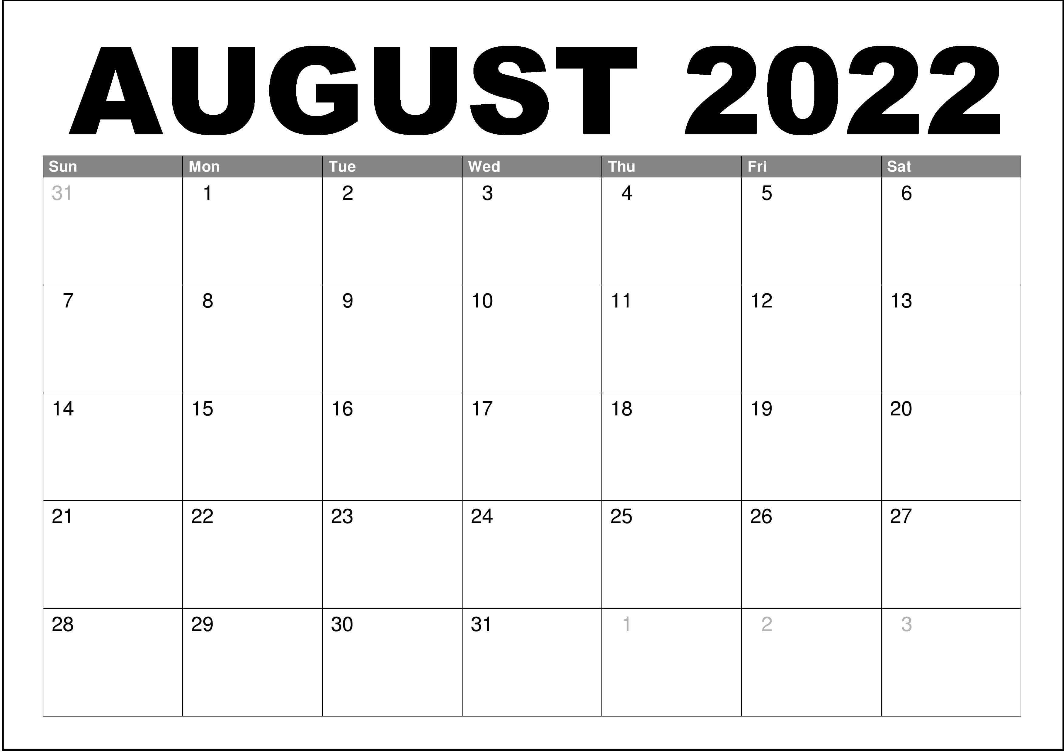 Blank Calendar August 2022