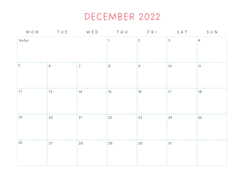 Blank Calendar Pages December 2022
