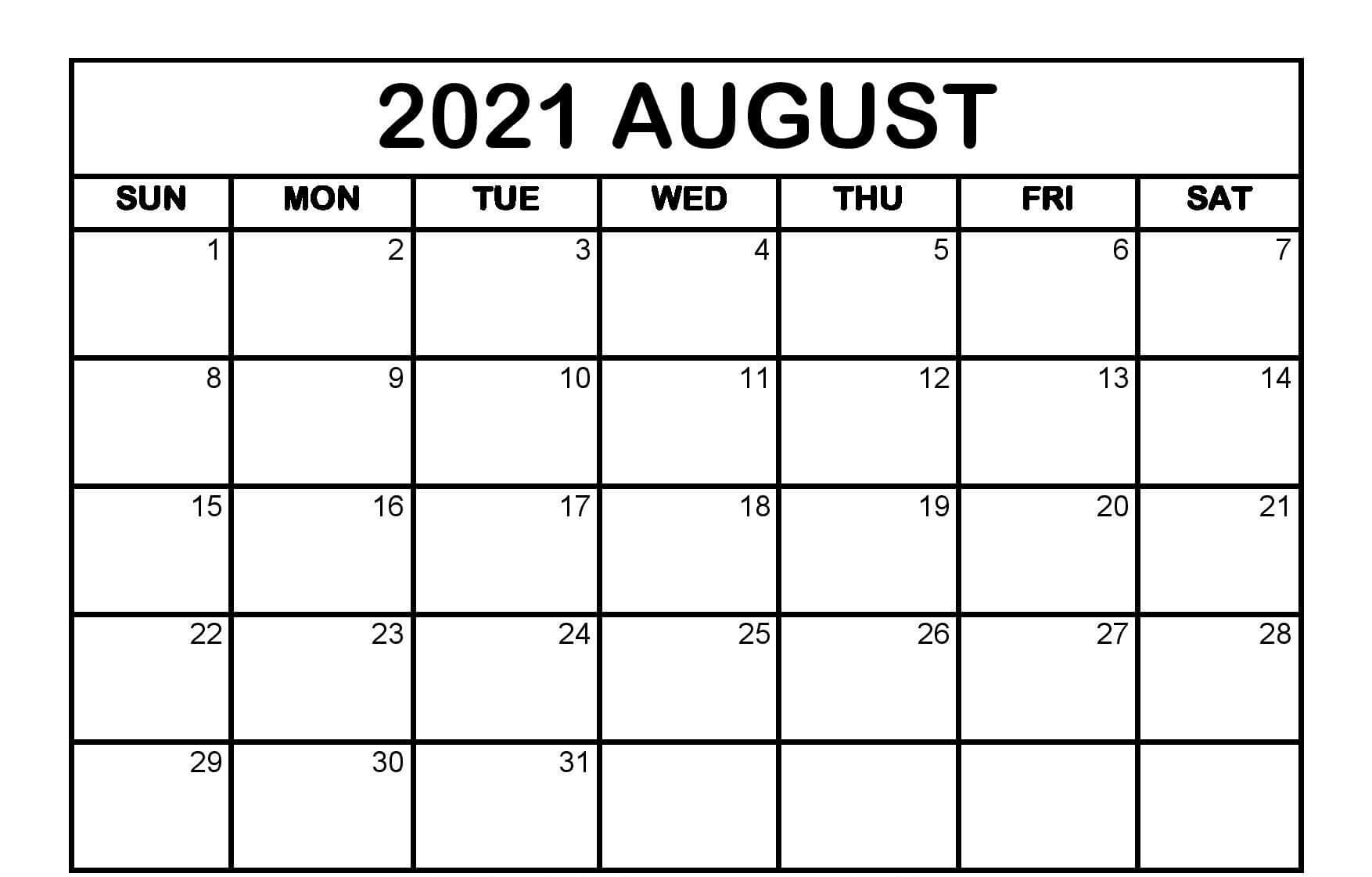 blank calendar for august 2021