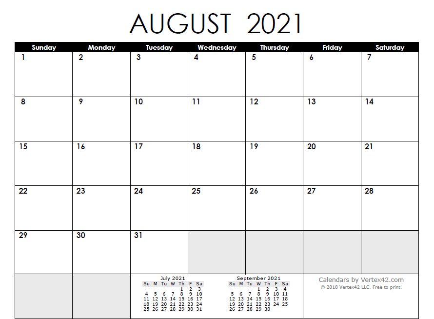 Blank Monthly Calendar August 2021 PDF