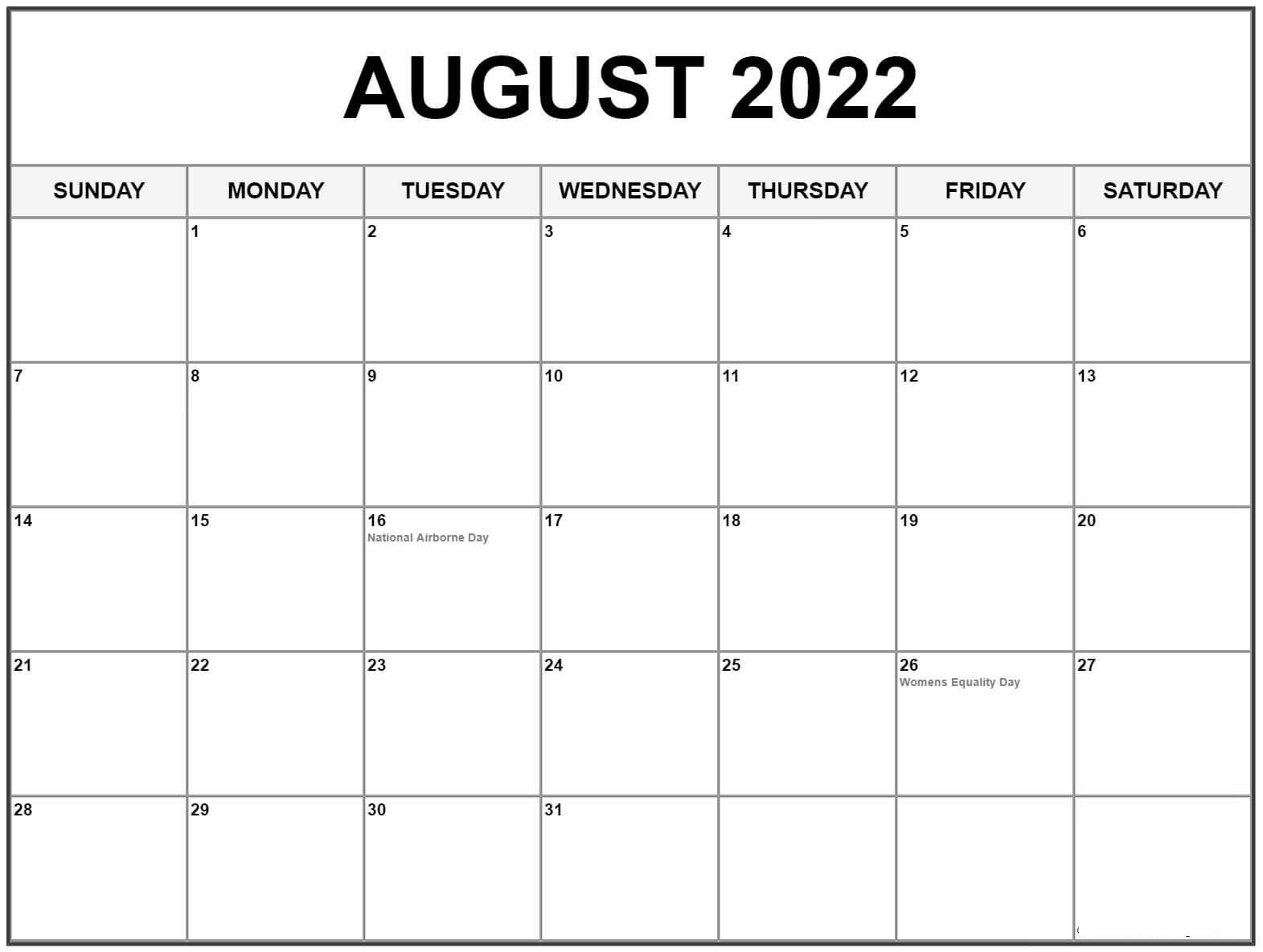 Blank Printable August Calendar 2022 With Holidays
