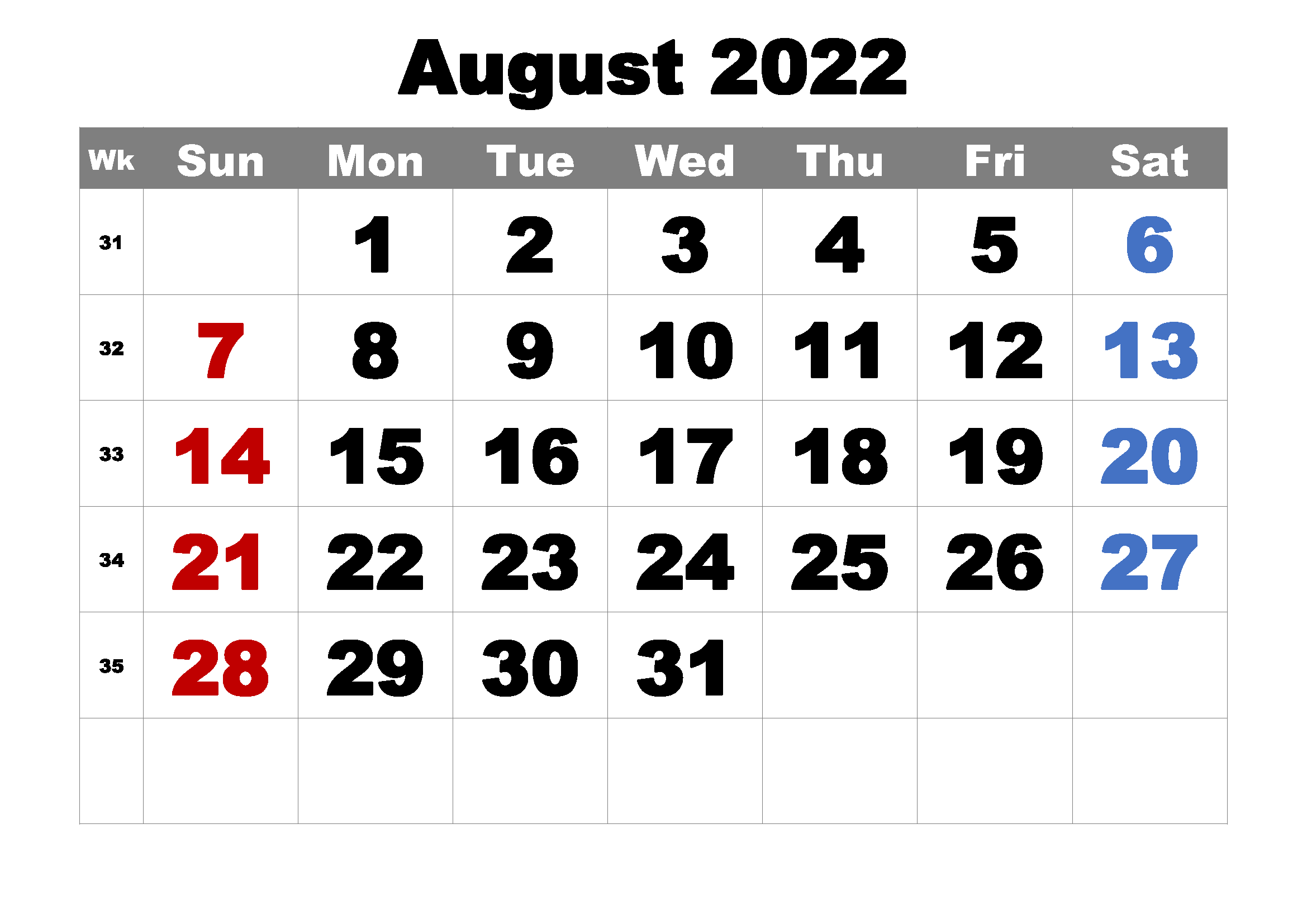 Bold August 2022 Calendar