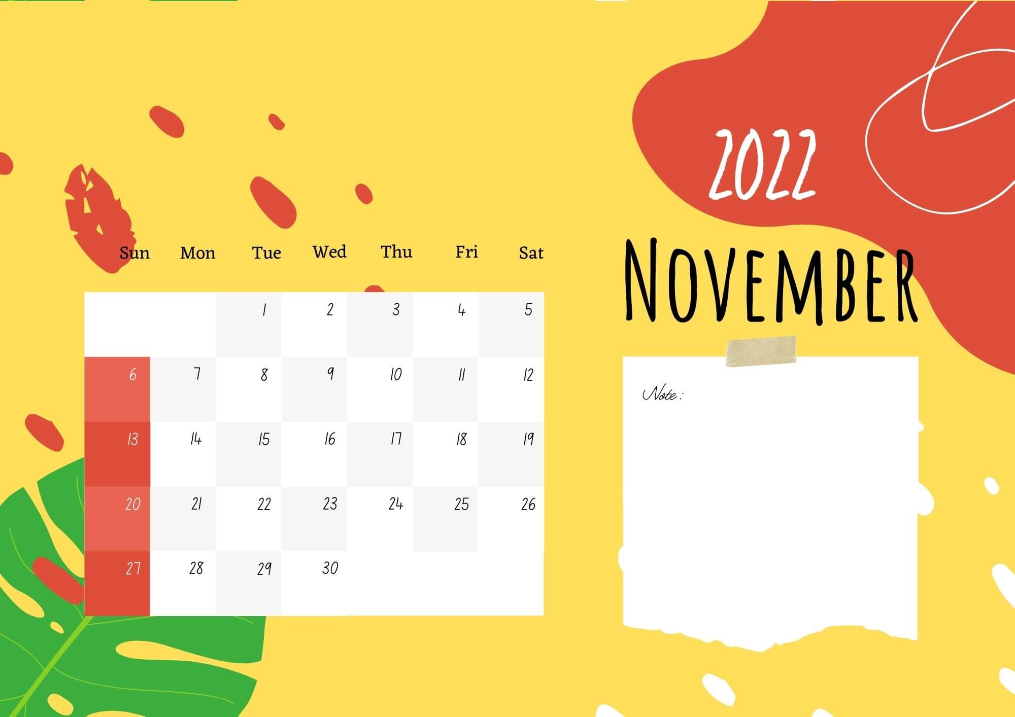 Colorful Printable November Calendar 2022