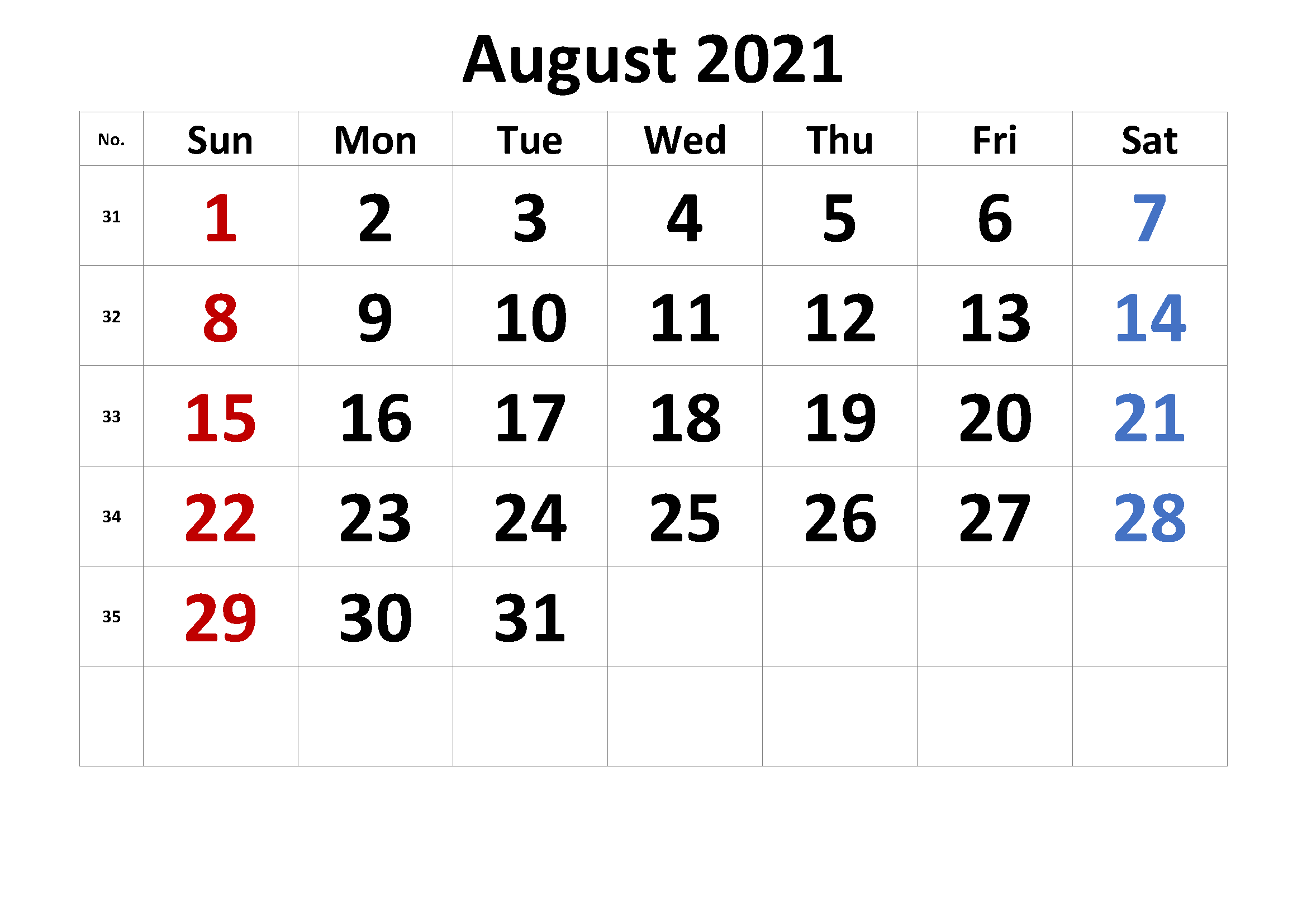 Customizable August Calendar 2021 PDF