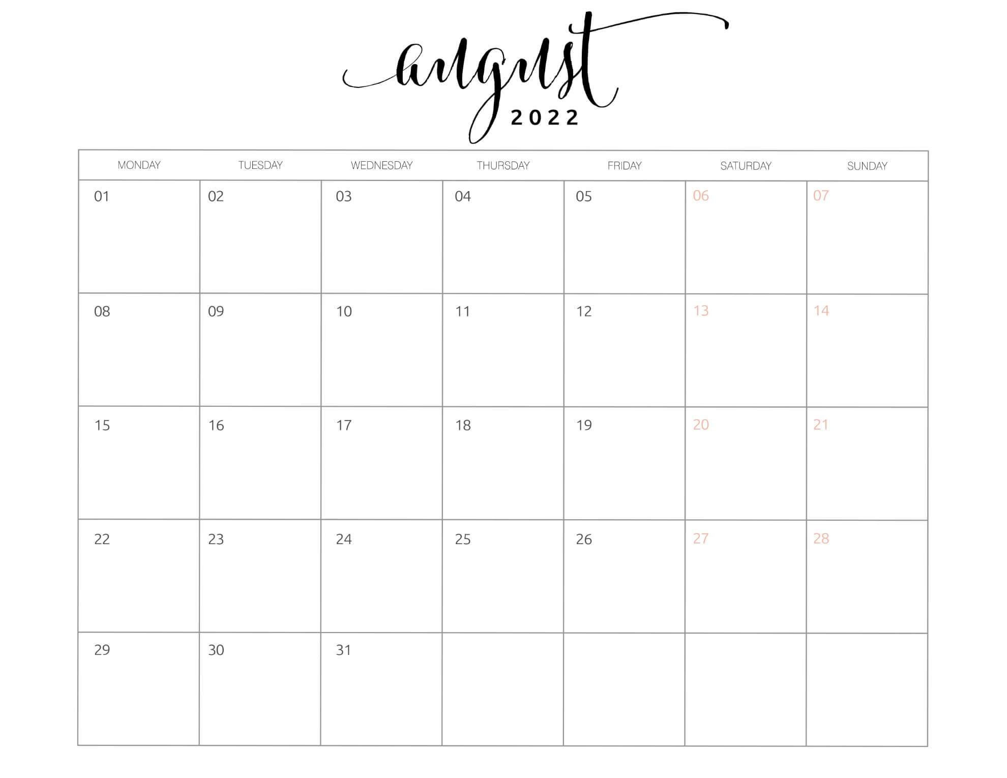 Elegant Calendar August 2022