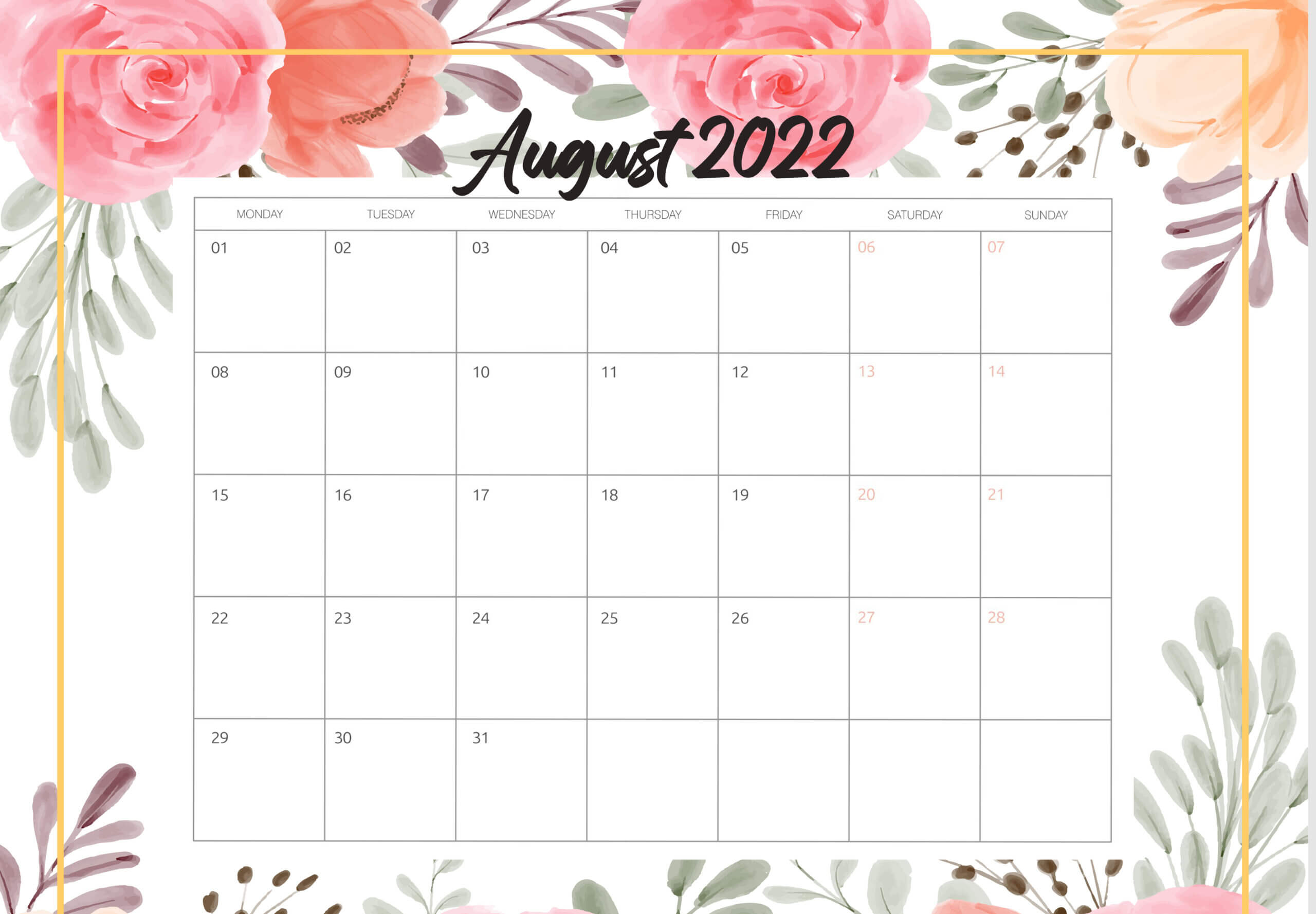 Floral August 2022 Blank Calendar