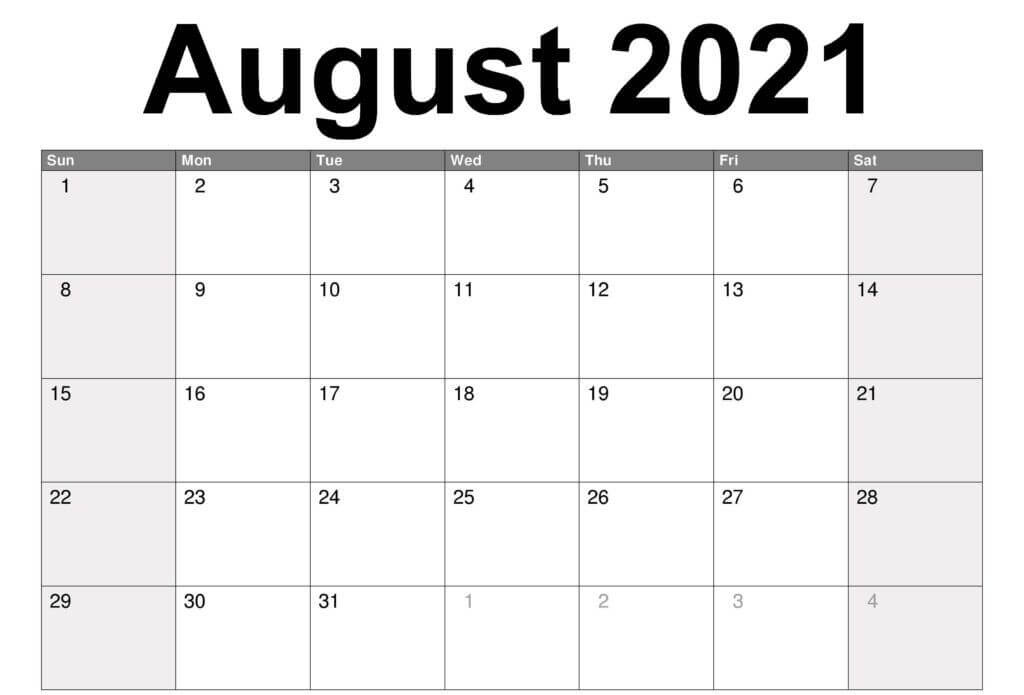 Free Printable August Blank Calendar 2021