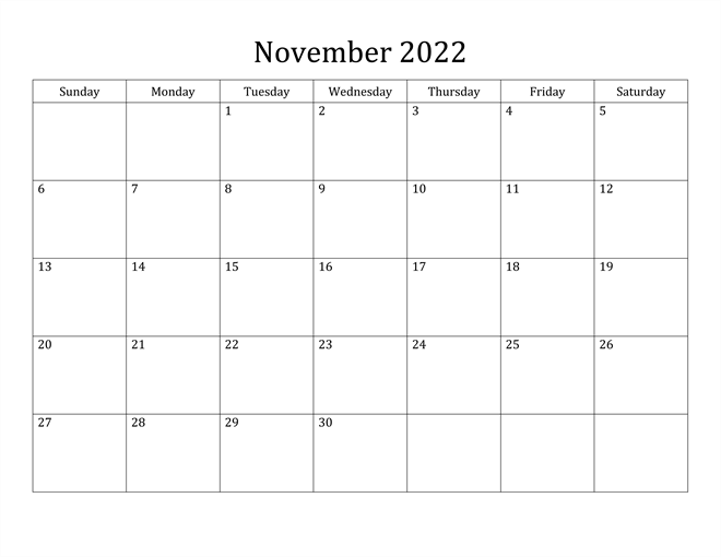 November 2022 Blank Calendar Printable
