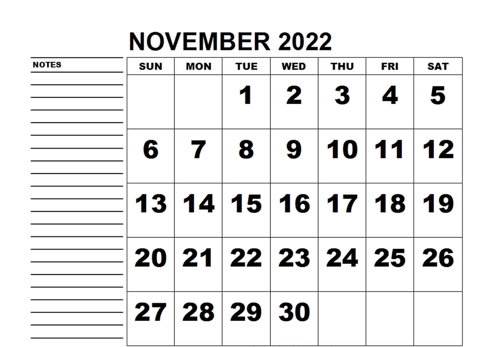 November 2022 Calendar with Notes