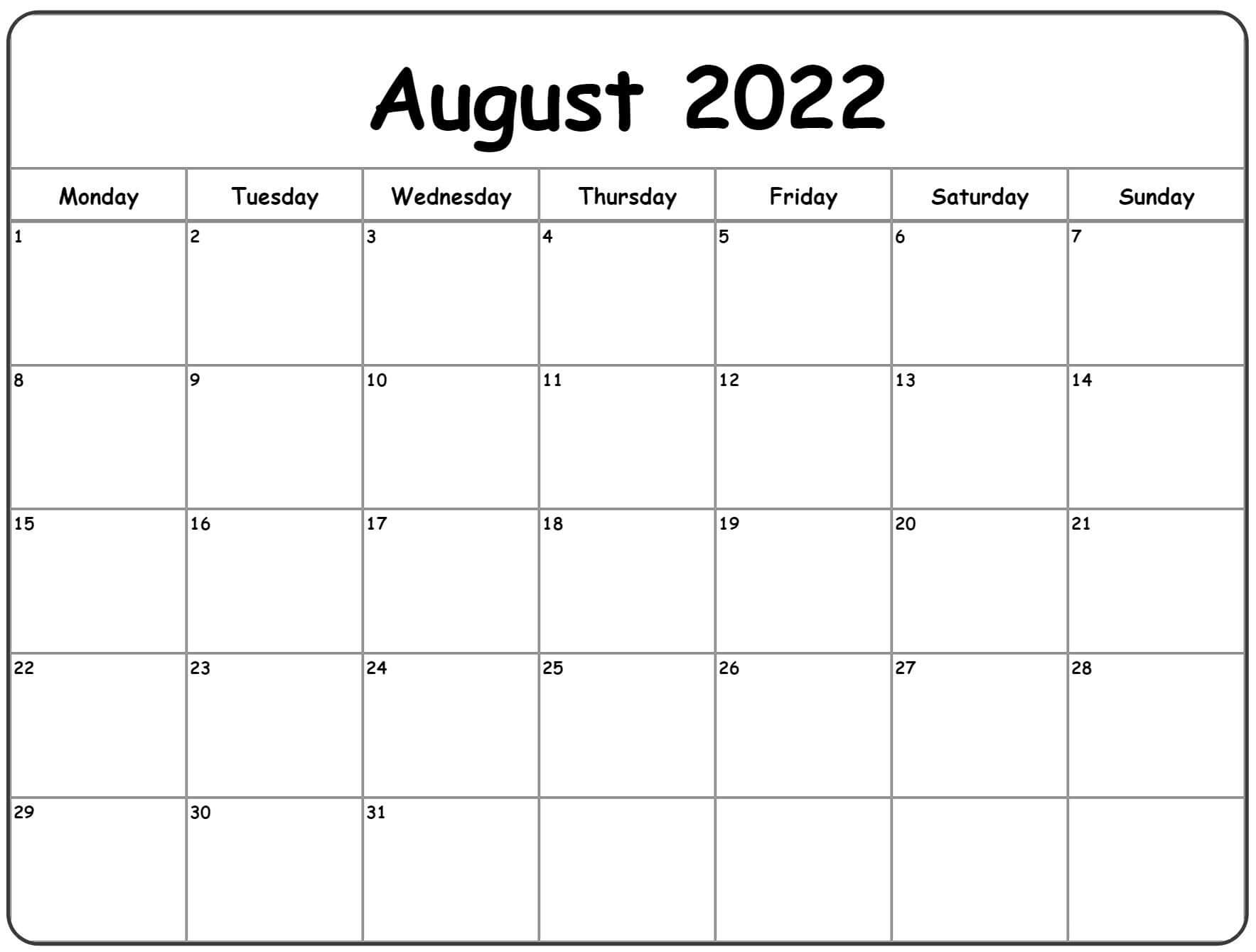 Printable 2022 Calendar August Blank