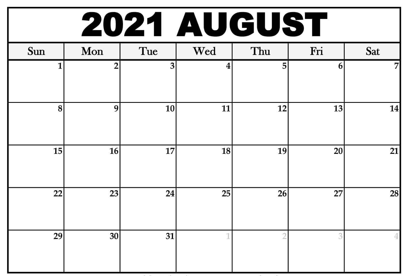 Printable August Calendar 2021