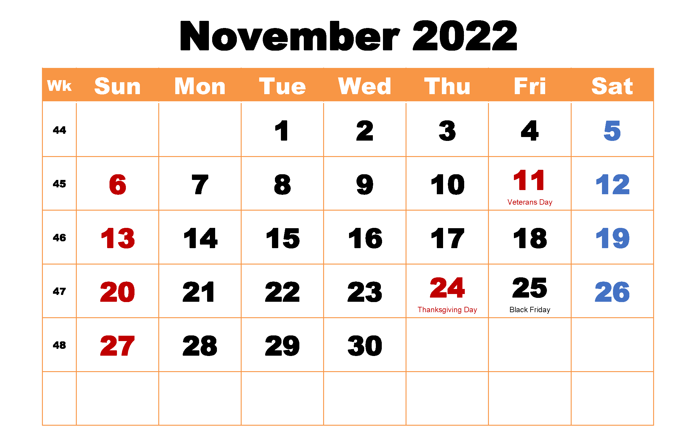 Printable November 2022 Blank Calendar Template