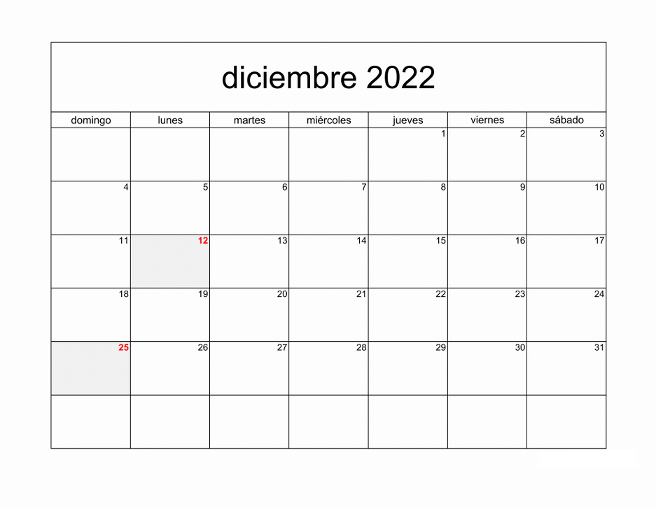 Calendario Diciembre 2022 Word
