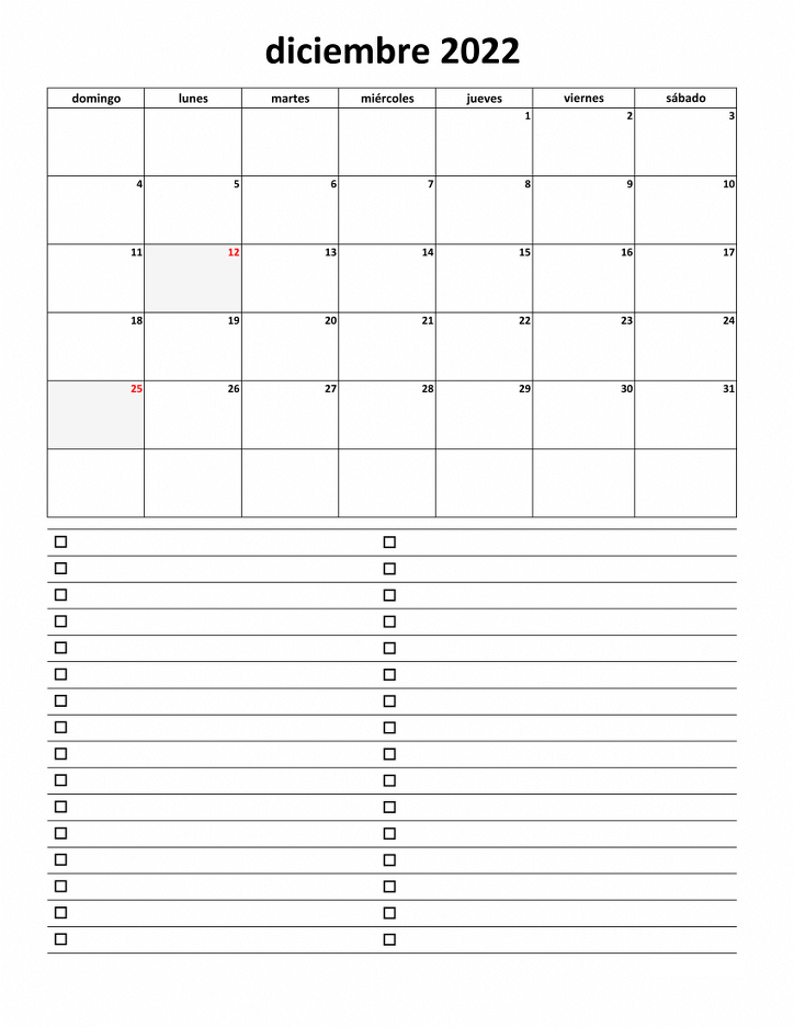 Calendario de Vacaciones de Diciembre de 2022