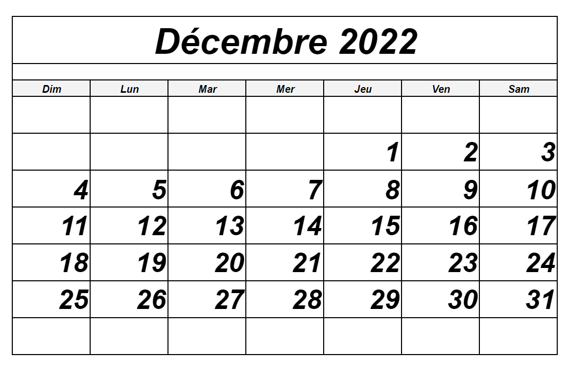 Calendrier Decembre 2022