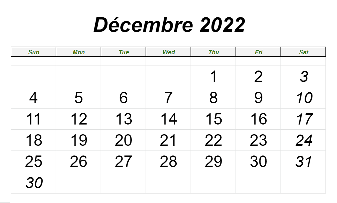 Calendrier Imprimable de Décembre 2022