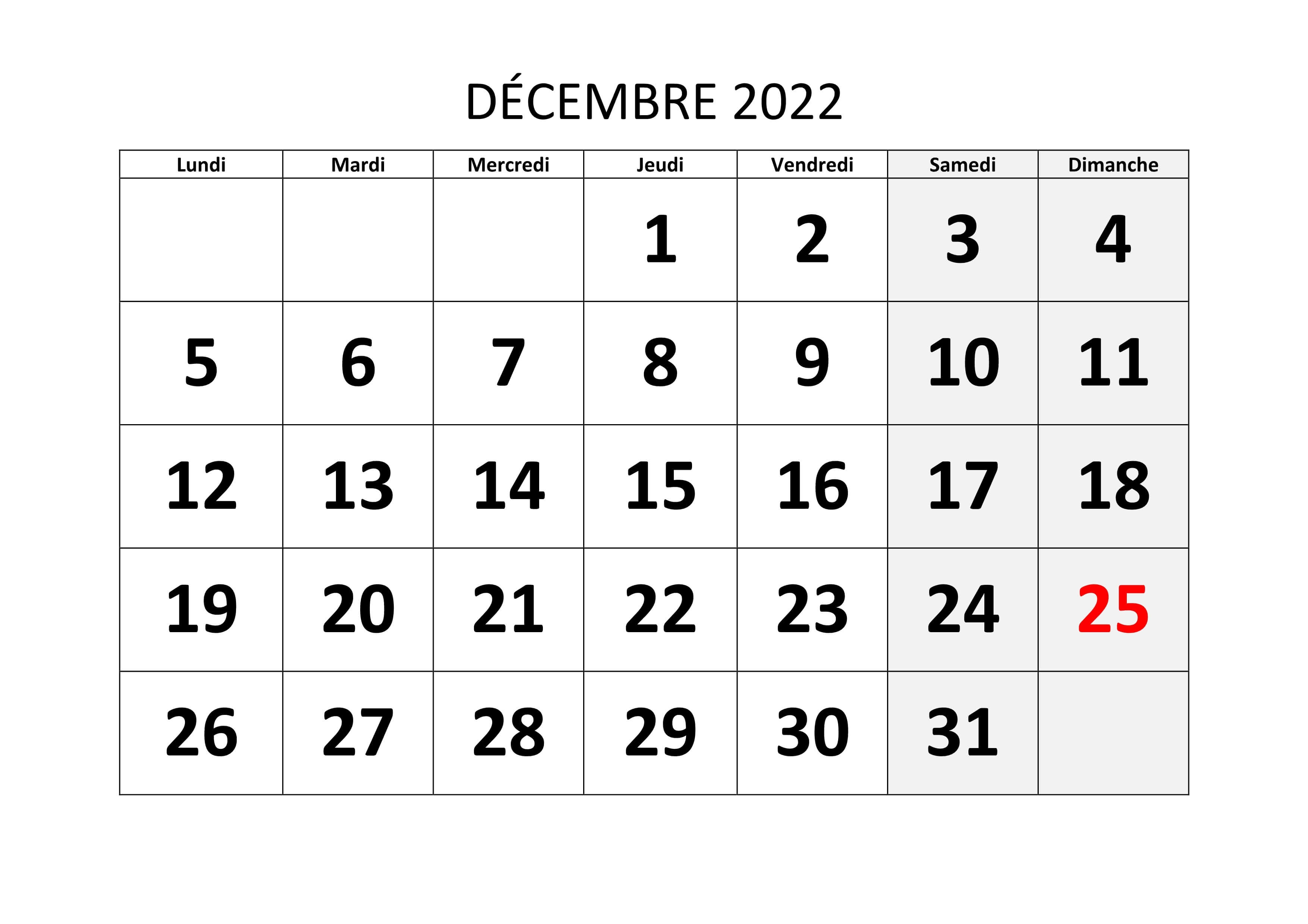 Calendrier de Décembre 2022 Imprimable