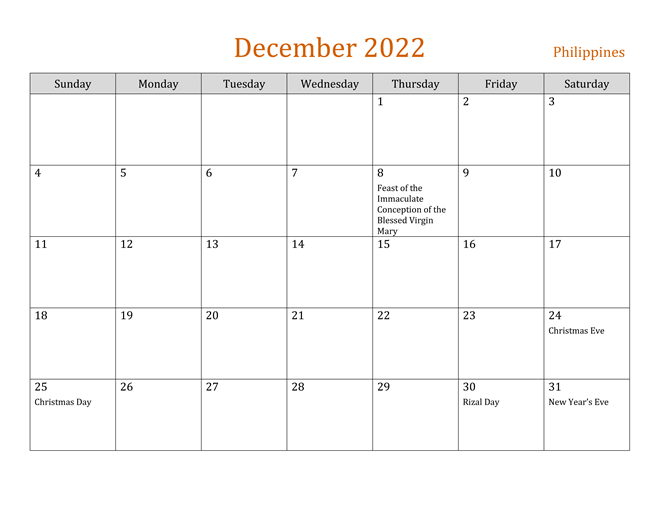 December 2022 Calendar with Holidays Philippines