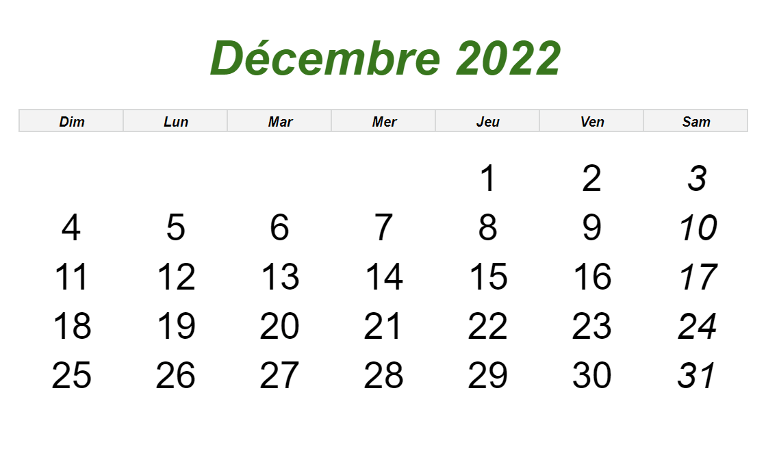 Décembre 2022 Calendrier