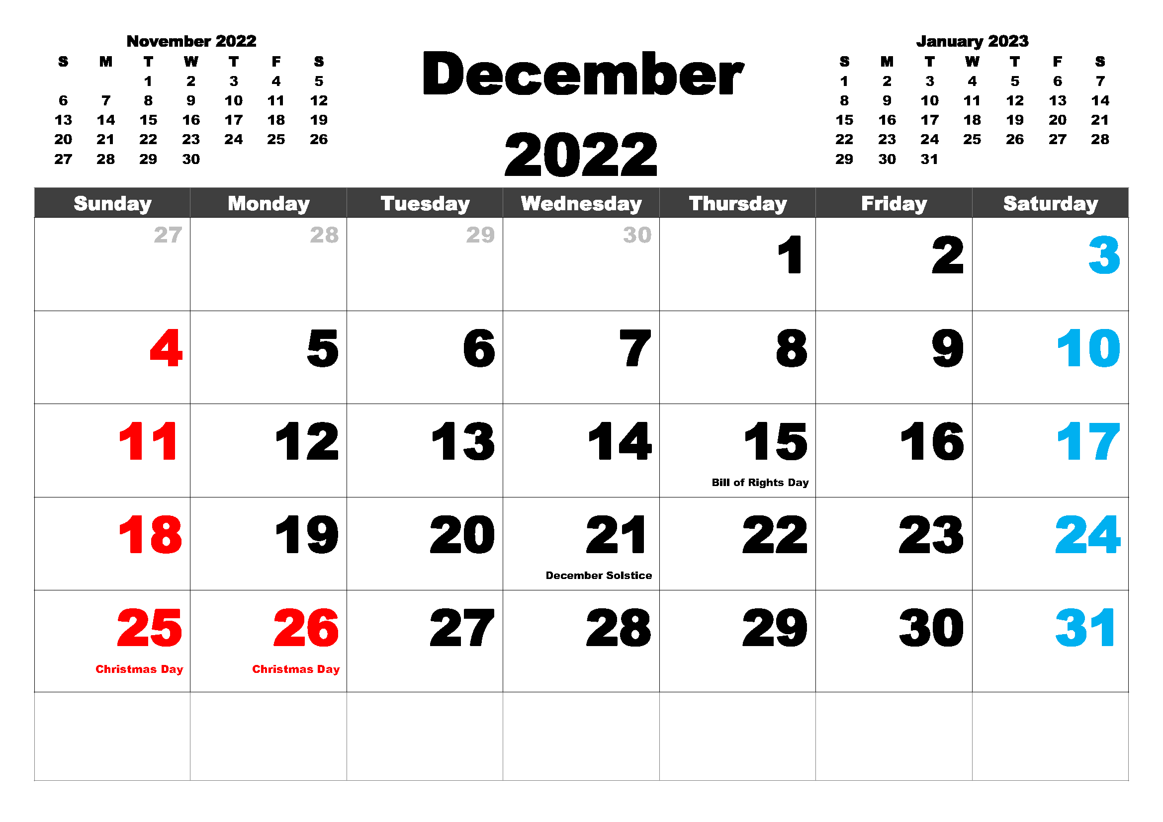 Free Printable December 2022 Calendar With Holidays