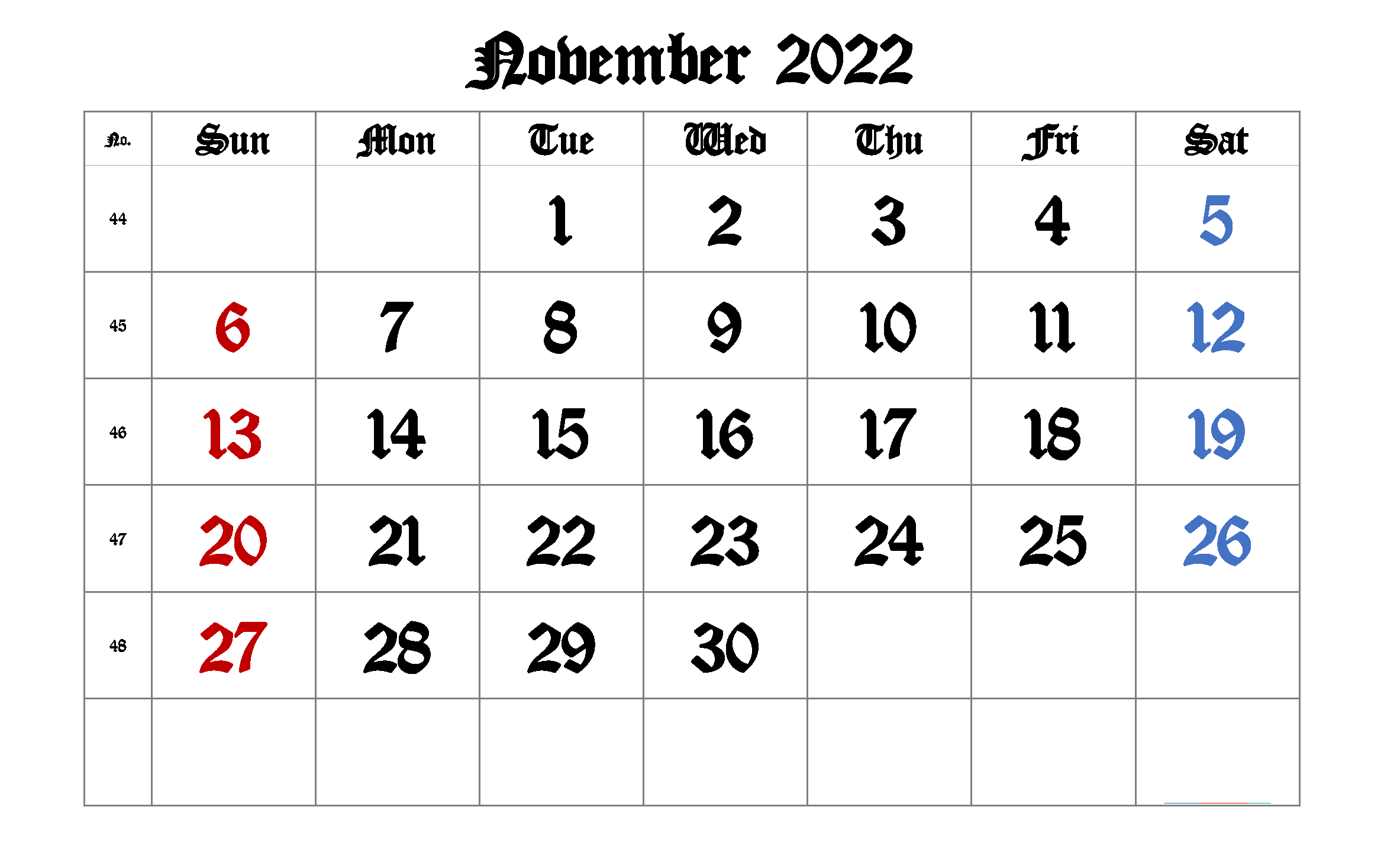 November 2022 Printable Calendar with Week Numbers