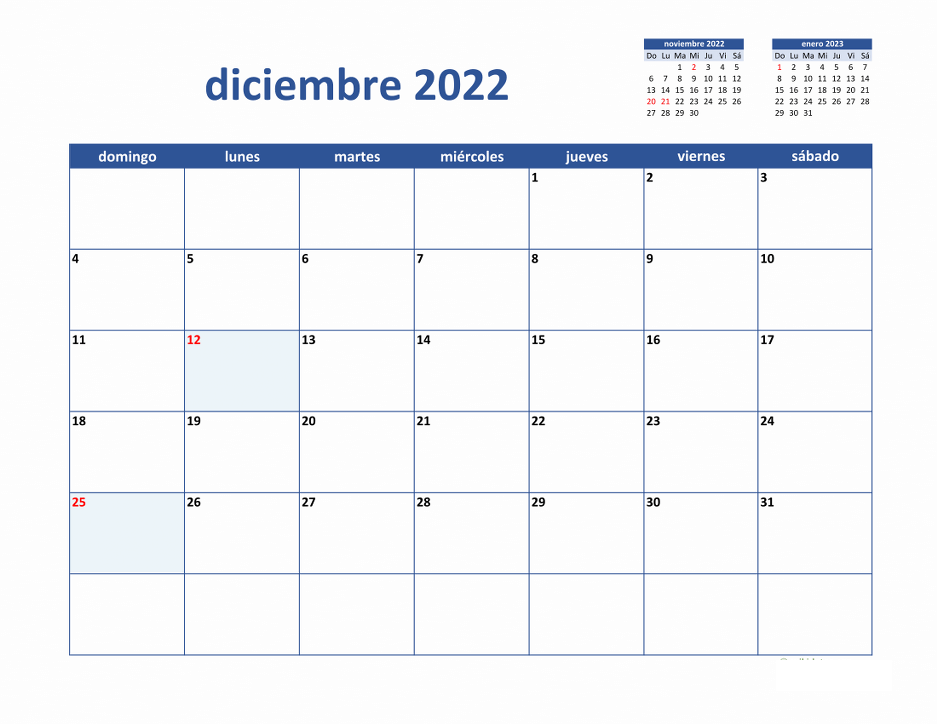 Plantilla Imprimible Calendario Diciembre 2022