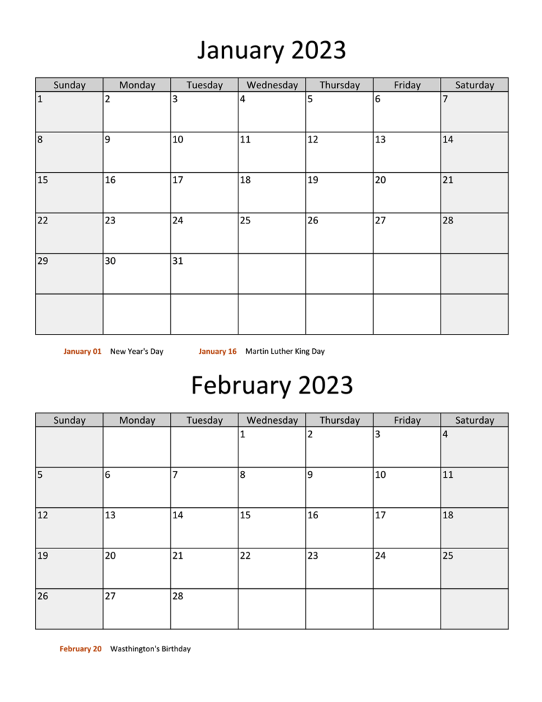 2 Months Calendar January February 2023