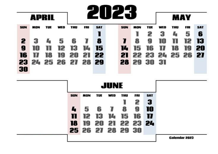3-Month Calendar April May June 2023