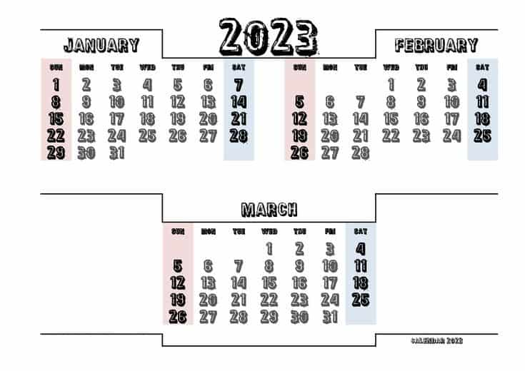 3 Month Jan Feb Mar Calendar 2023
