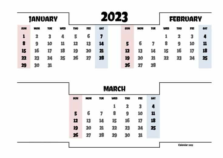 Calendar For January February march 2023