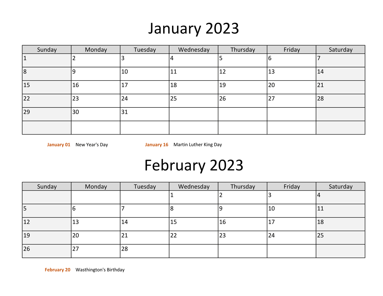 January And February 2023 Calendar