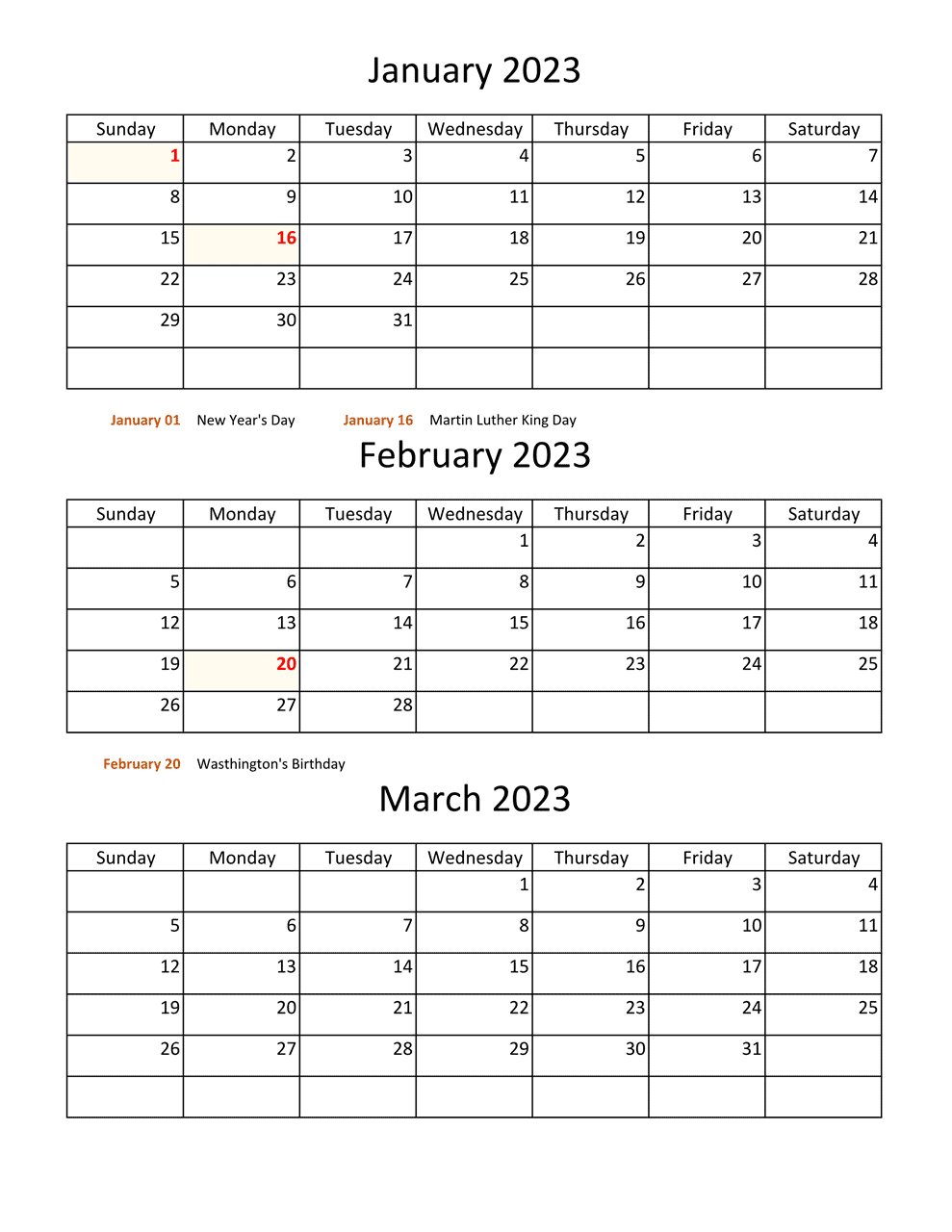 January February March 2023 Calendar Printable