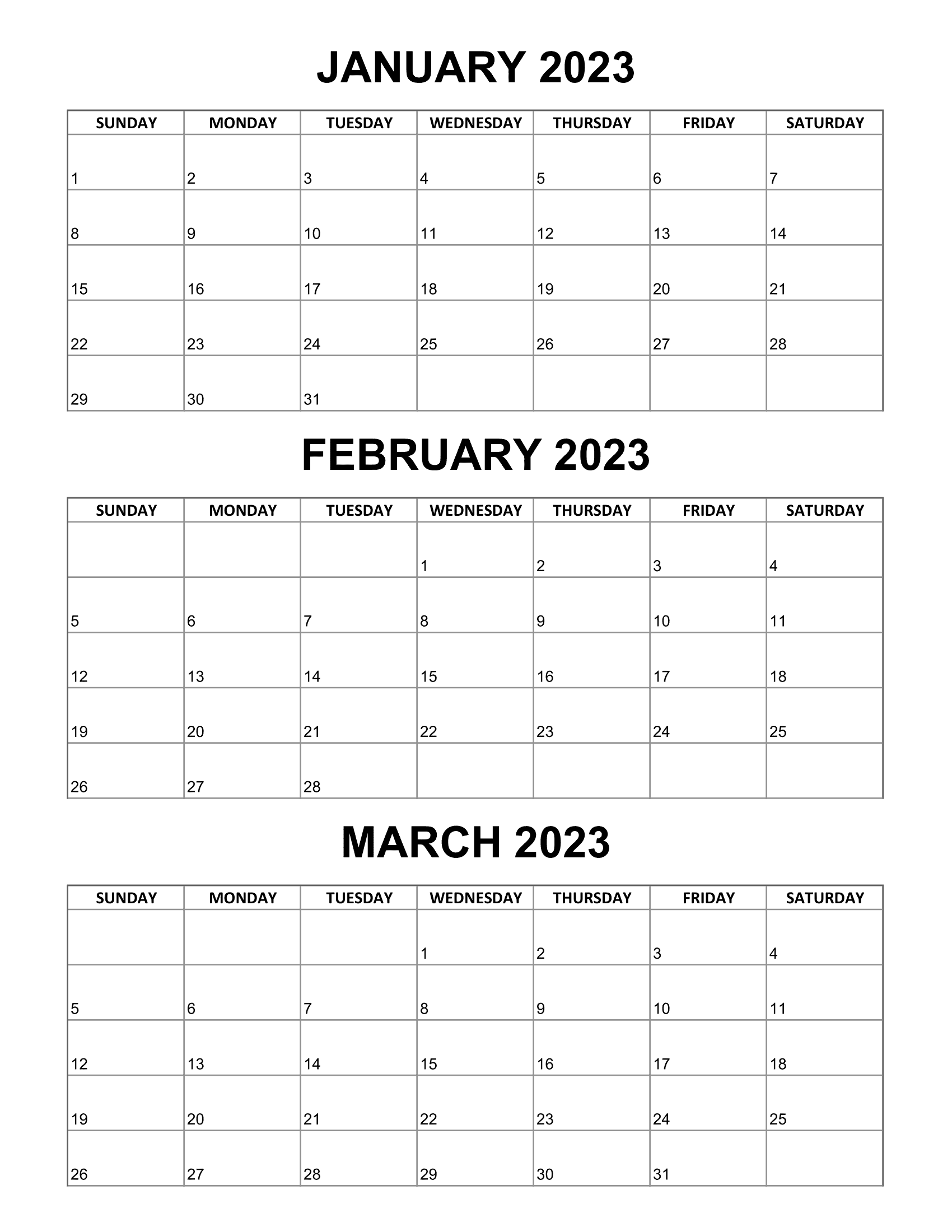 January February March 2023 Calendar