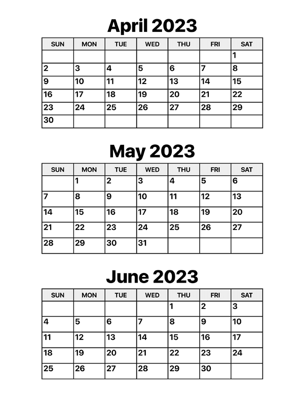 Printable April May June 2023 Calendar