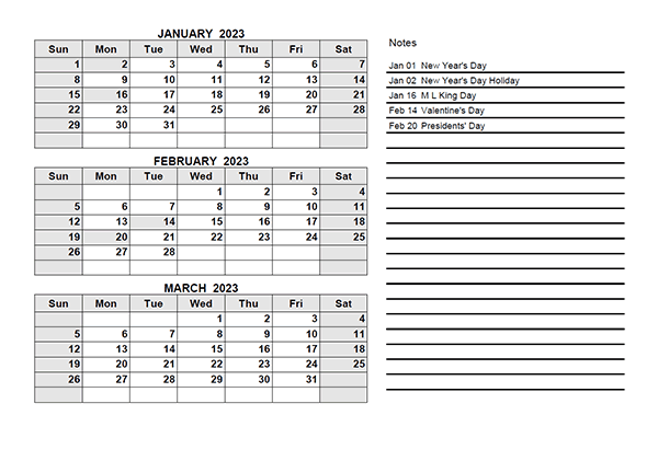 printable January February March 2023 Calendar