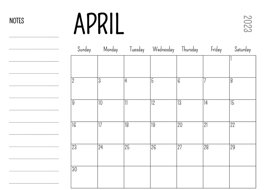 April 2023 Calendar Word