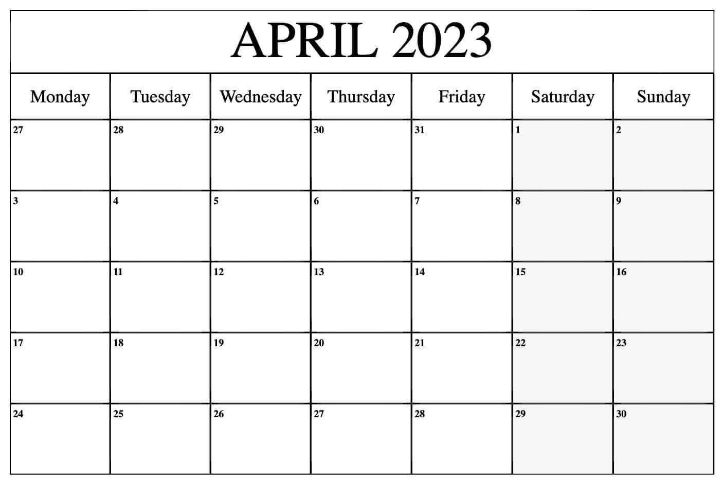 Printable April 2023 Calendar Blank