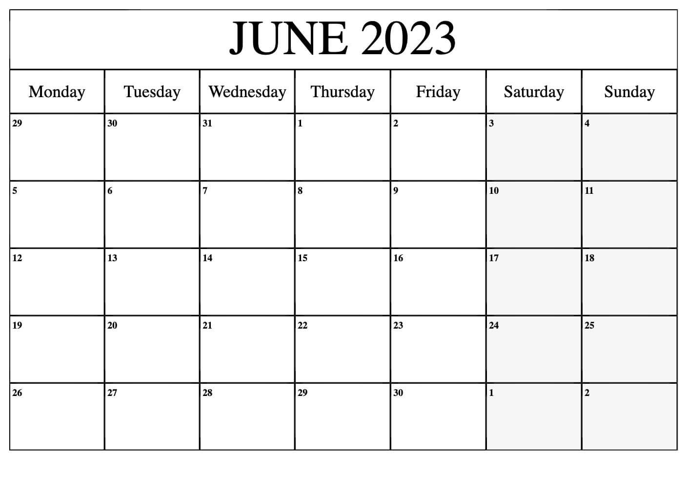 2023 June Blank Calendar