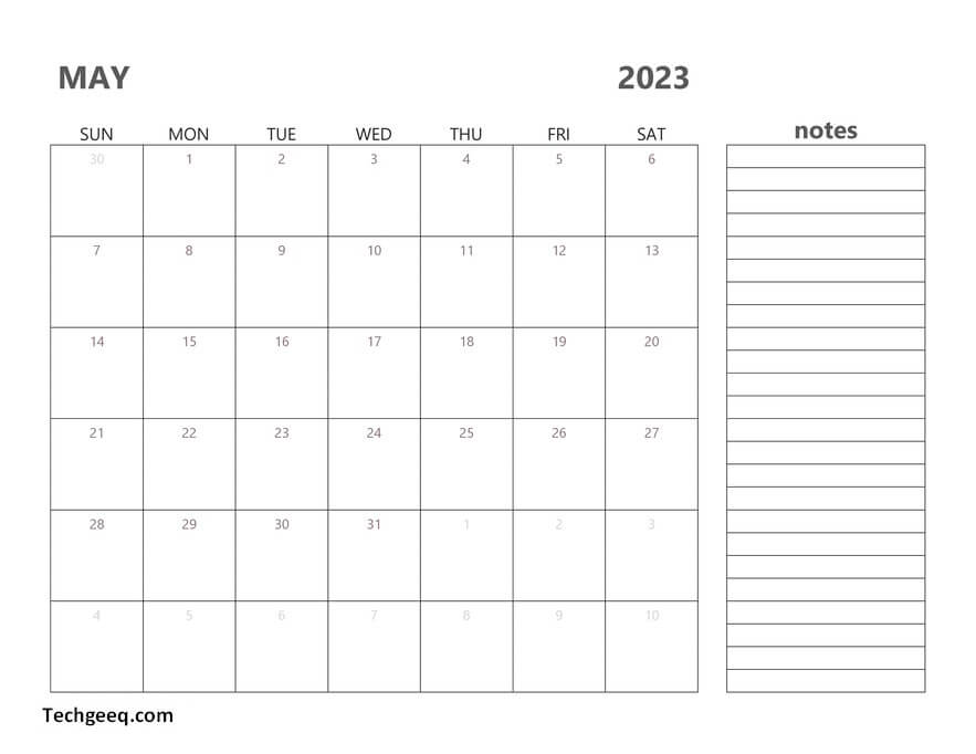 2023 May Calendar Printable With Notes