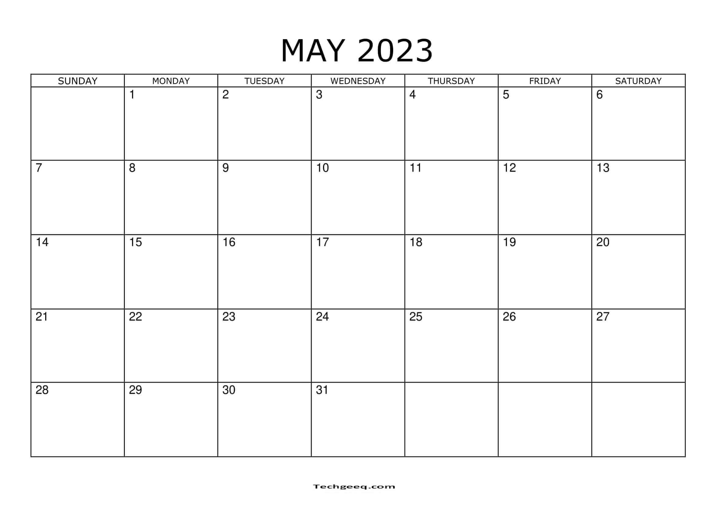 Blank Calendar For May 2023