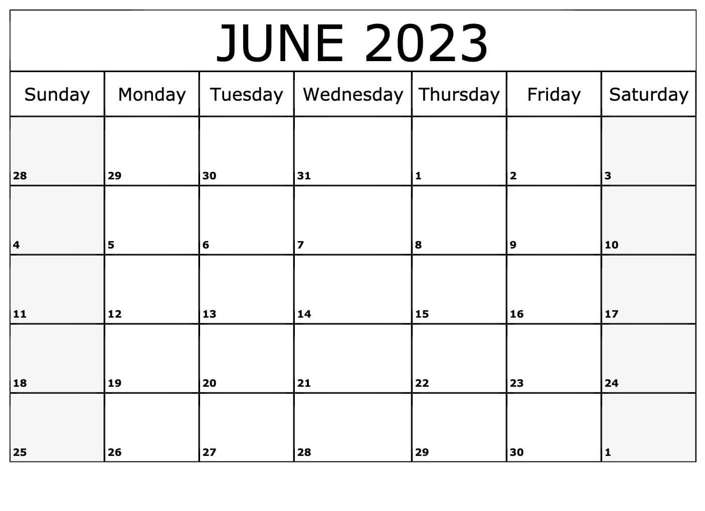 Blank Calendar June 2023 Worksheet