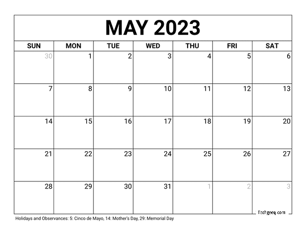 Blank Calendar May 2023 Printable
