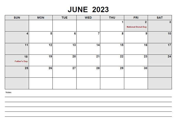Blank Calendar June 2023 Printable Templates with Notes