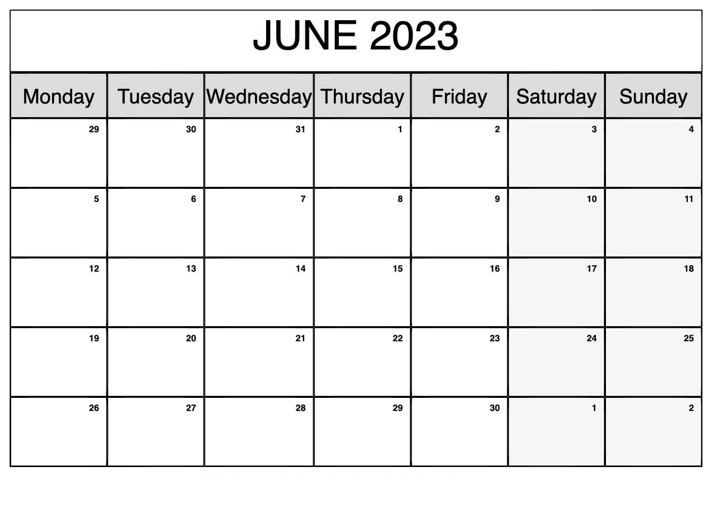 Free Printable Blank Calendar June 2023