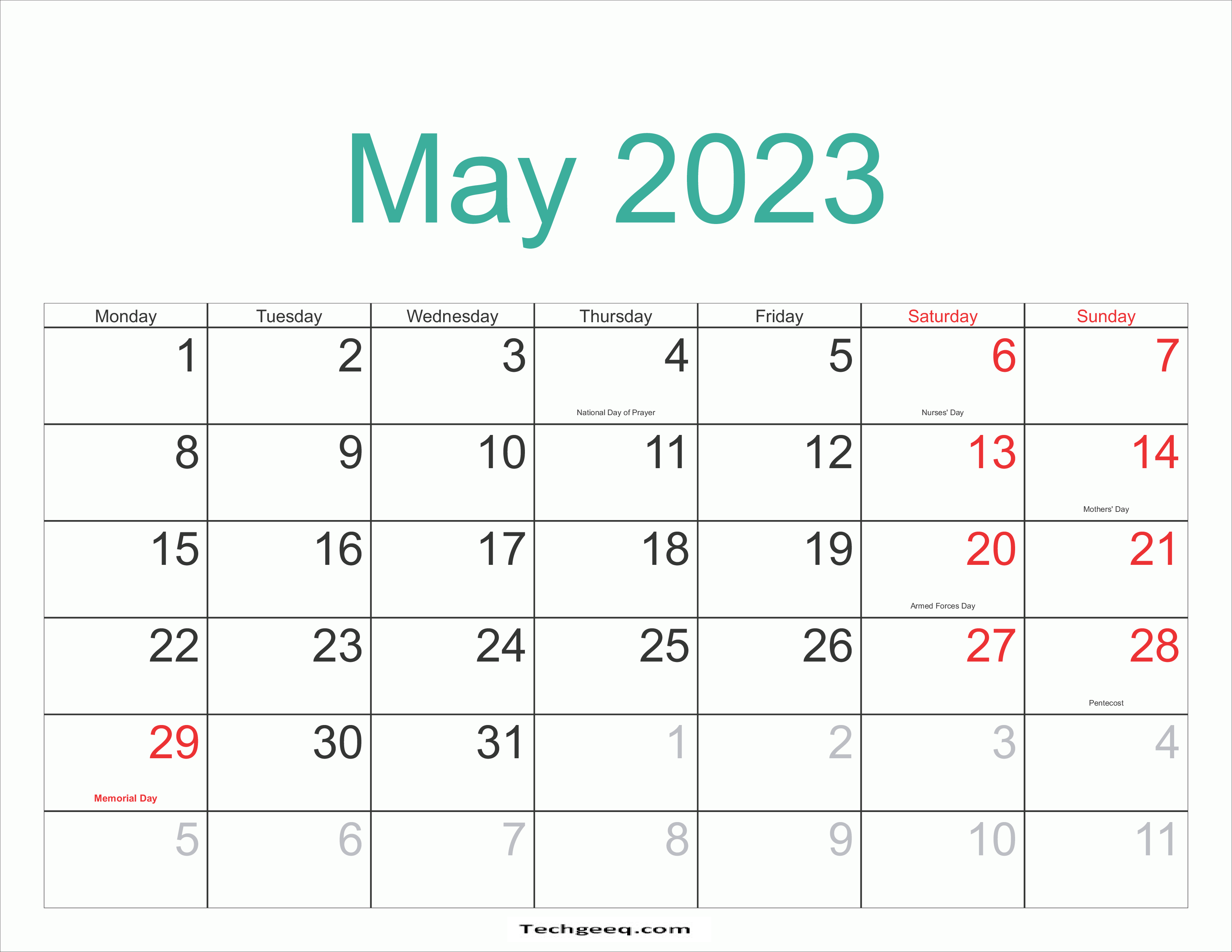Holidays Calendar template May 2023