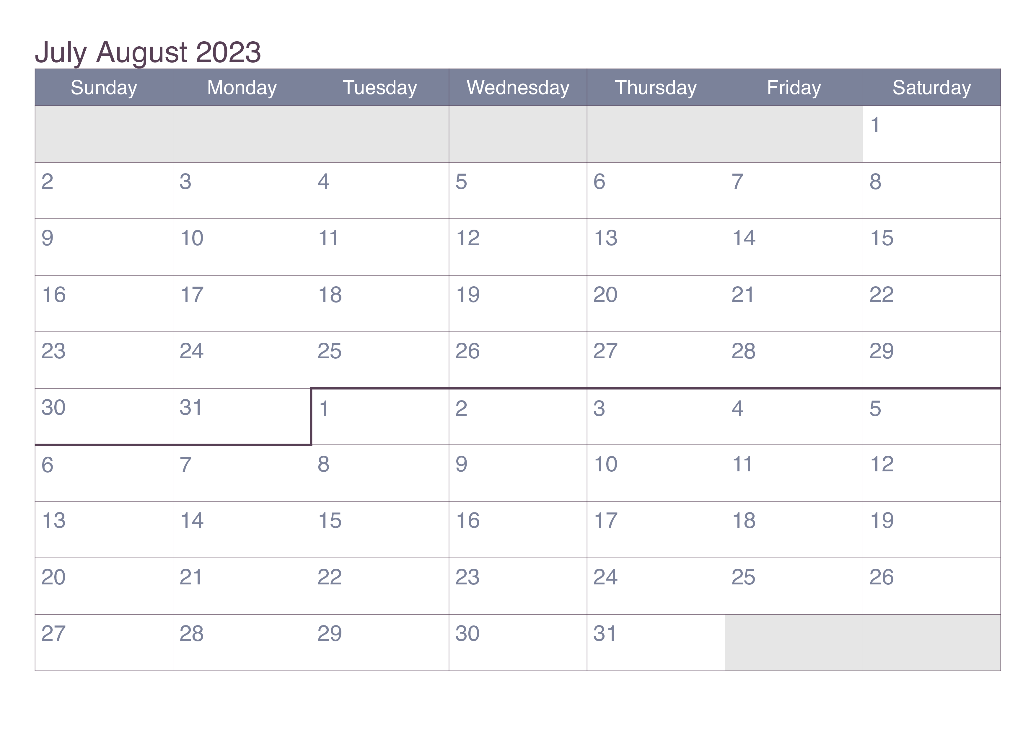 July August 2023 Calendar Blank