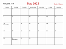 May 2023 Holidays Calendar USA
