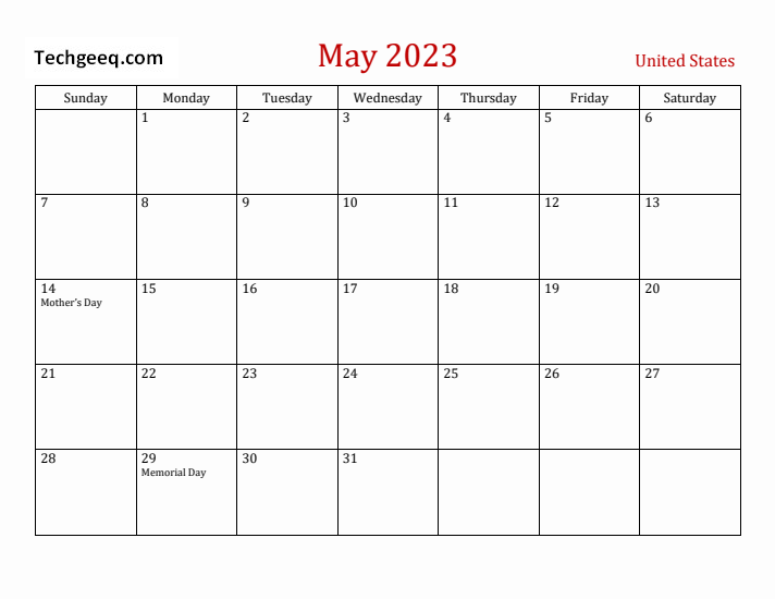 May 2023 Holidays Calendar USA