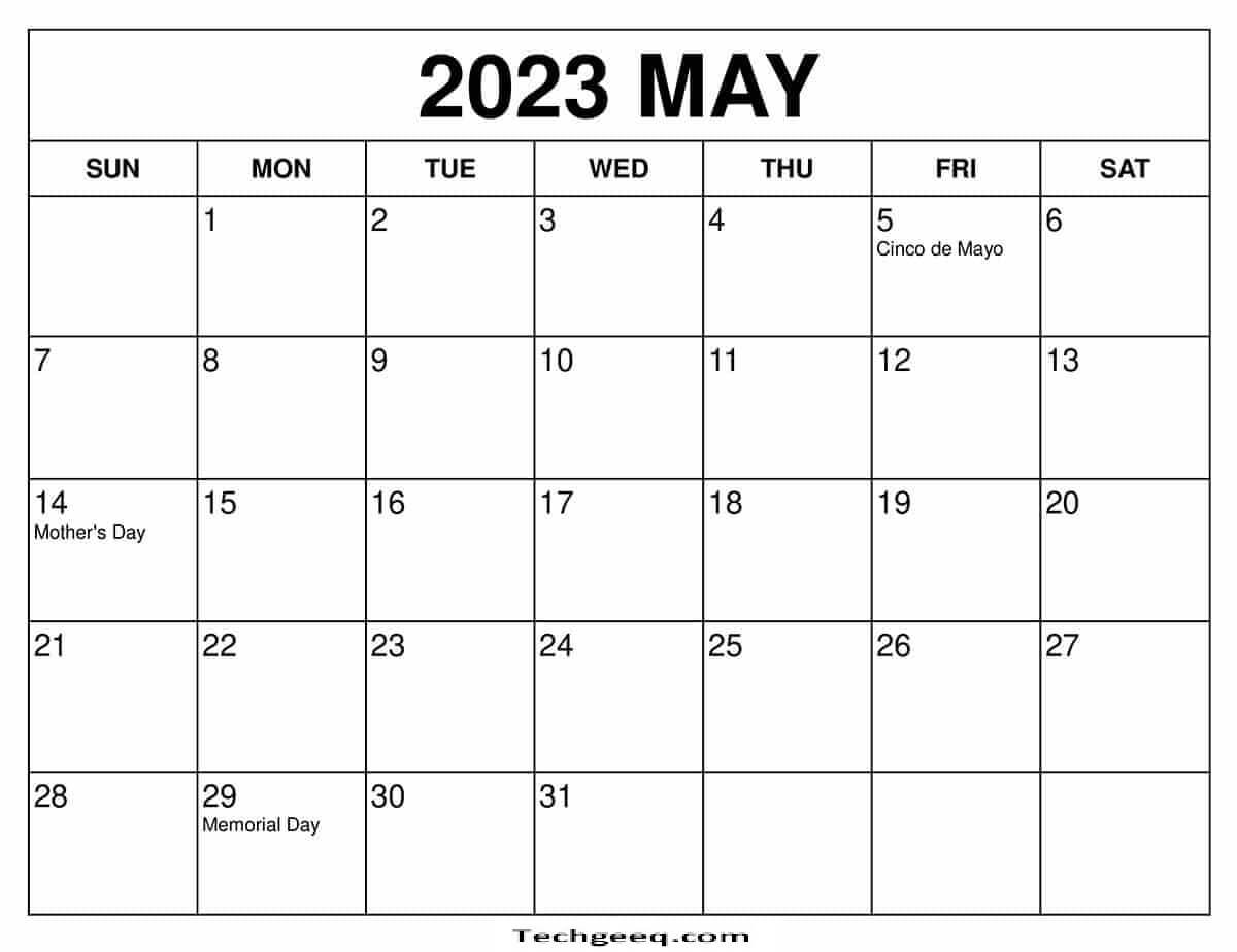 May 2023 Printable Calendar with Holidays